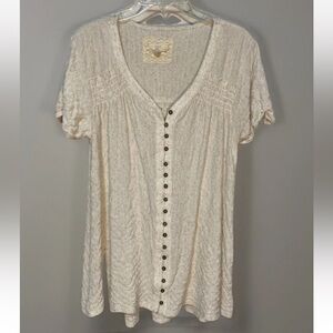 Cupio Large Tan Button Top Shirt Blouse Womens Cottage Core Peasant Smocked ￼